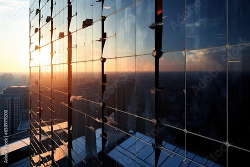 Innovative solar panels integrated into the windows of a high-rise building, converting sunlight into electricity  photo