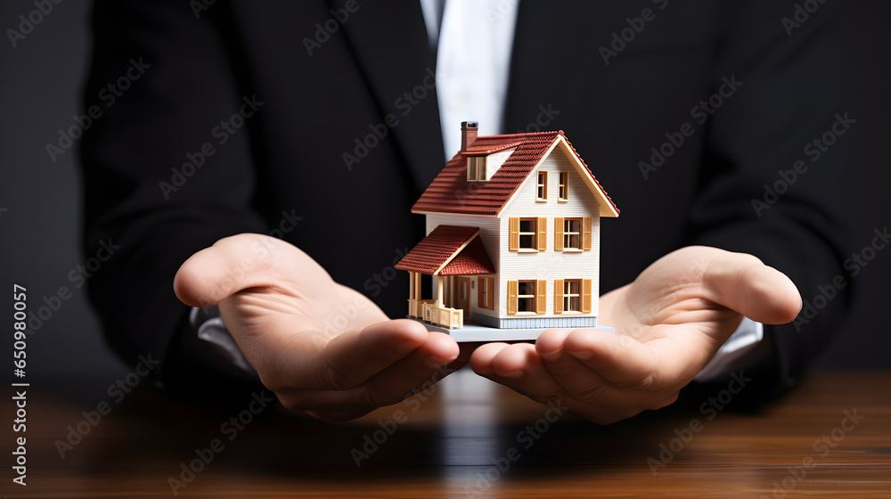 Close up of businessman holding model house offering to his client, insurance salesman handing over the model home to client after signing sale, investment or Home insurance concept Close up of businessman holding model house offering to his client, insurance salesman handing over the model home to client after signing sale, investment or Home insurance concept