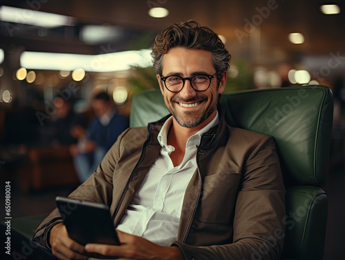 A smiling businessman sits in the boarding lounge of the airline hub during his airport terminal flight wait, using a digital tablet computer for e-business and browsing