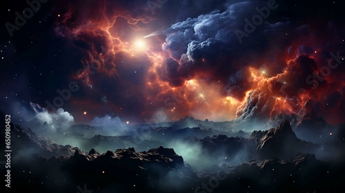 Abstract dark night multicolored bright sky with lightning bolts of energy. The background