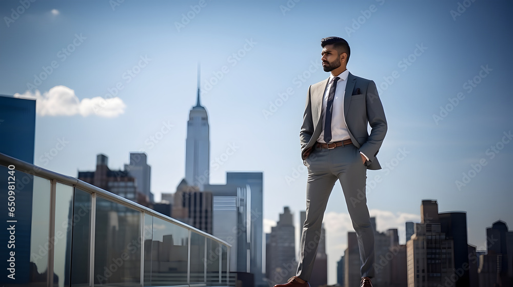 Portrait of a confident businessman in an elegant suit posing with hand in pocket against skyscraper background. Portrait of a confident businessman in an elegant suit posing with hand in pocket against skyscraper background.