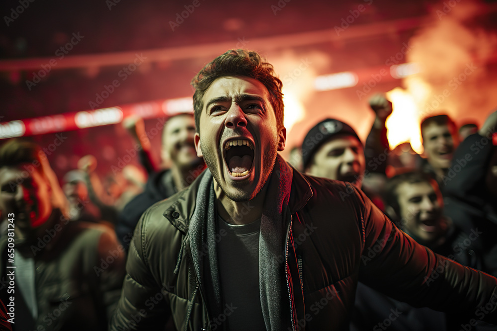 Euphoria Unleashed Enthusiastic Sports Fans Cheering and Celebrating at a Live Stadium Match. created with Generative AI
