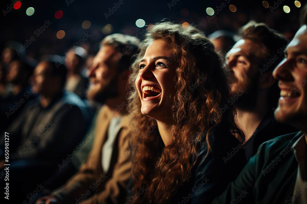 Joyful Audience Diverse Crowd Delighting in a Theater or Cinema Show, Laughter and Fun. created with Generative AI