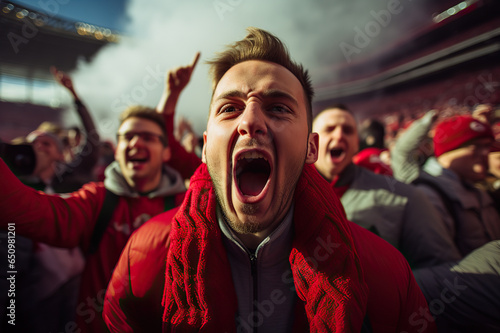 Euphoria Unleashed Enthusiastic Sports Fans Cheering and Celebrating at a Live Stadium Match. created with Generative AI © photobuay