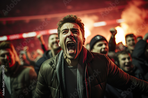 Euphoria Unleashed Enthusiastic Sports Fans Cheering and Celebrating at a Live Stadium Match. created with Generative AI