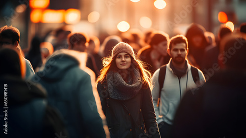 Young woman standing in middle of crowd of people walking in sunset against golden light in downtown district in city
