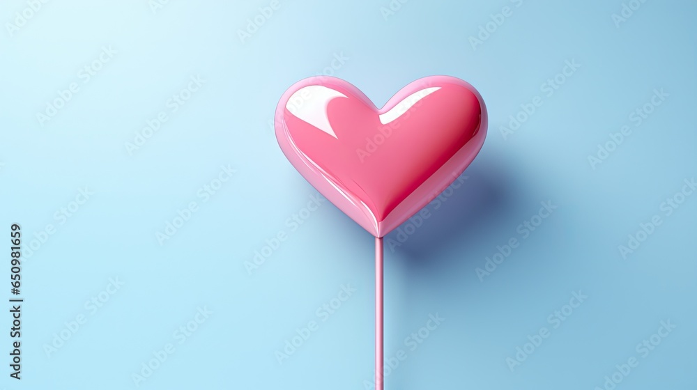 Glossy pink heart-shaped lollipop on a serene blue backdrop. Minimalist love concept