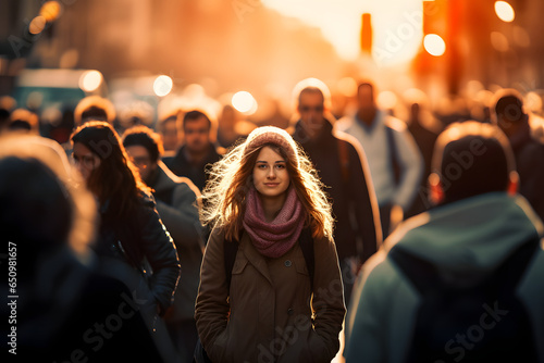 Foto Young woman standing in middle of crowd of people walking in sunset against gold