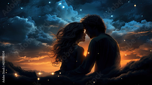 Romantic silhouette of a couple against a twilight sky, surrounded by stars and glowing clouds.