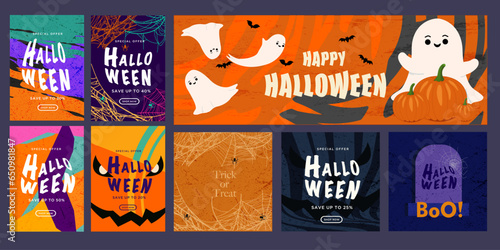 Happy Halloween Set. Abstract Art for Party, Festival, Email, Social Media. Background Sale with Graphic Memphis Stripes, Spiderweb, Ghosts, Spider for Advertising, Web, Poster, Banner, Cover. 