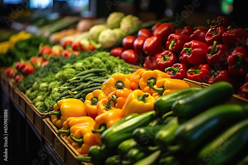 Abundance of Health Vibrant Organic Vegetables Displayed at a Local Grocery Store. created with Generative AI