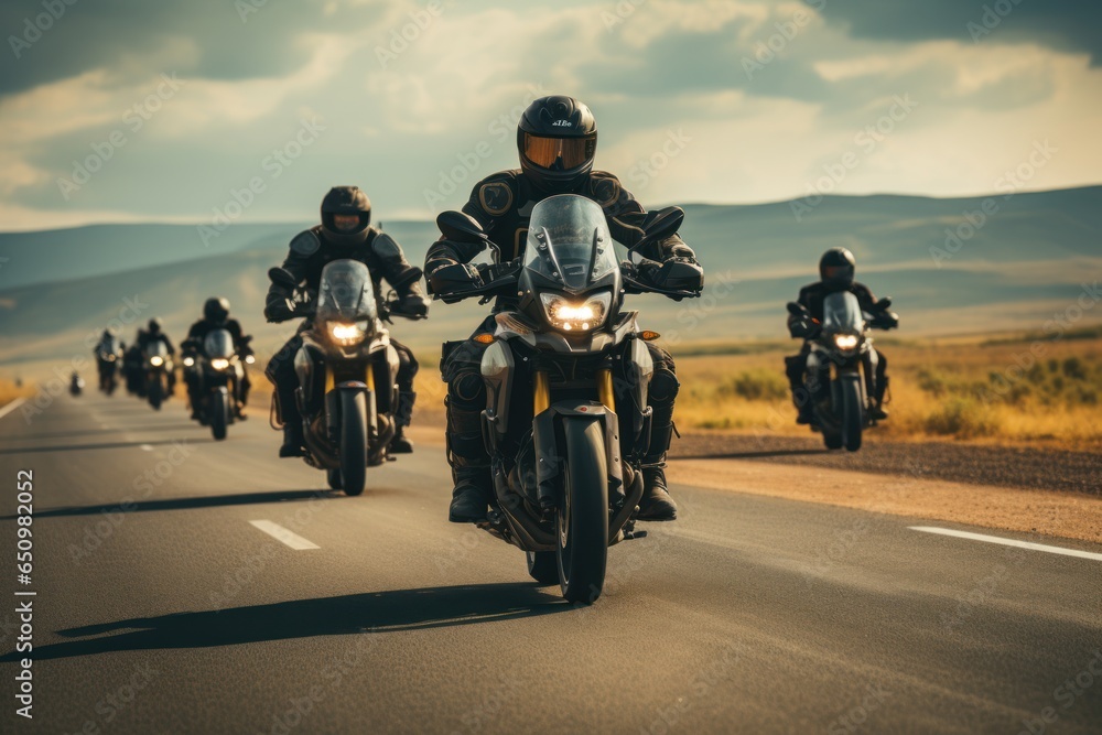 A gathering of motorcyclists riding together. A group of bikers ride fast motorcycles on an empty road against a beautiful cloudy sky. Sport bikes are fast, and fun to ride. - obrazy, fototapety, plakaty 