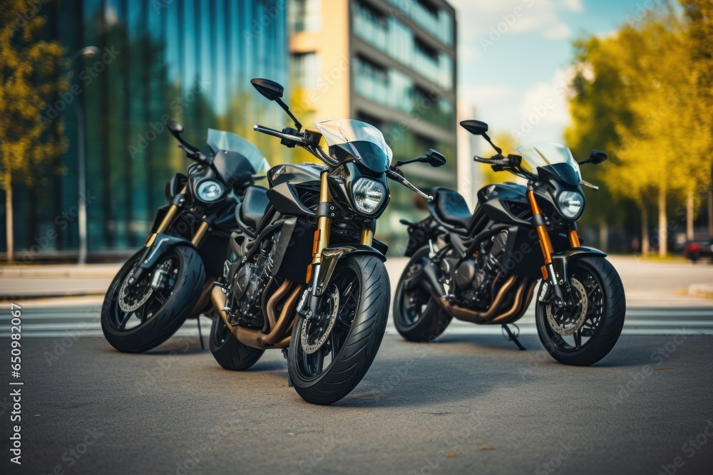 A gathering of motorcyclists riding together. A group of bikers ride fast motorcycles on an empty road against a beautiful cloudy sky. Sport bikes are fast, and fun to ride.