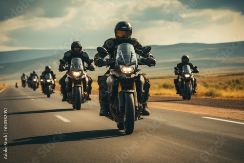 A gathering of motorcyclists riding together. A group of bikers ride fast motorcycles on an empty road against a beautiful cloudy sky. Sport bikes are fast, and fun to ride. © sirisakboakaew
