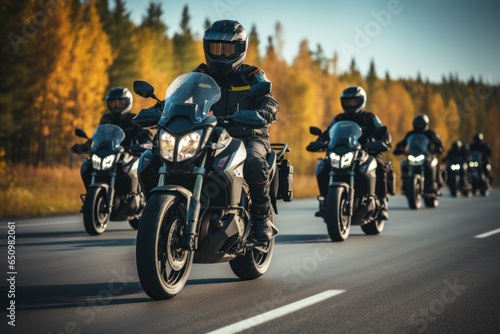 A gathering of motorcyclists riding together. A group of bikers ride fast motorcycles on an empty road against a beautiful cloudy sky. Sport bikes are fast, and fun to ride. © sirisakboakaew