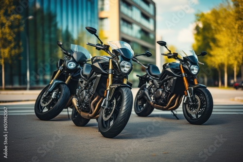 A gathering of motorcyclists riding together. A group of bikers ride fast motorcycles on an empty road against a beautiful cloudy sky. Sport bikes are fast, and fun to ride.