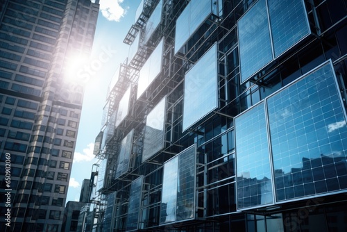 Innovative solar panels integrated into the windows of a high-rise building, converting sunlight into electricity  photo