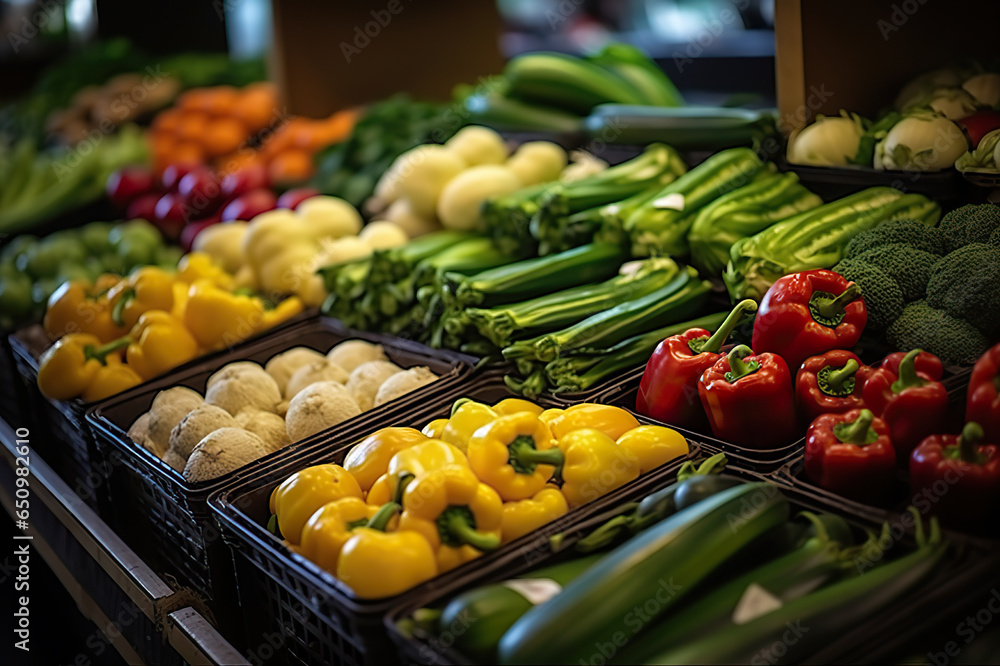 Abundance of Health Vibrant Organic Vegetables Displayed at a Local Grocery Store. created with Generative AI