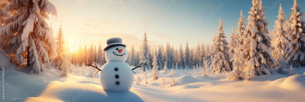 Fototapeta premium Snowman on snow, blur snowy landscape, Winter season holiday card template