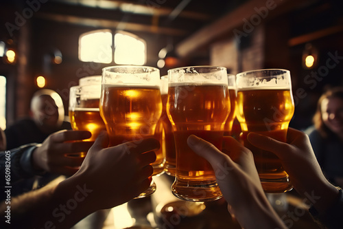 Cheers to Friendship Joyful Group of Friends Toasting with Glasses of Beer in Hand. created with Generative AI