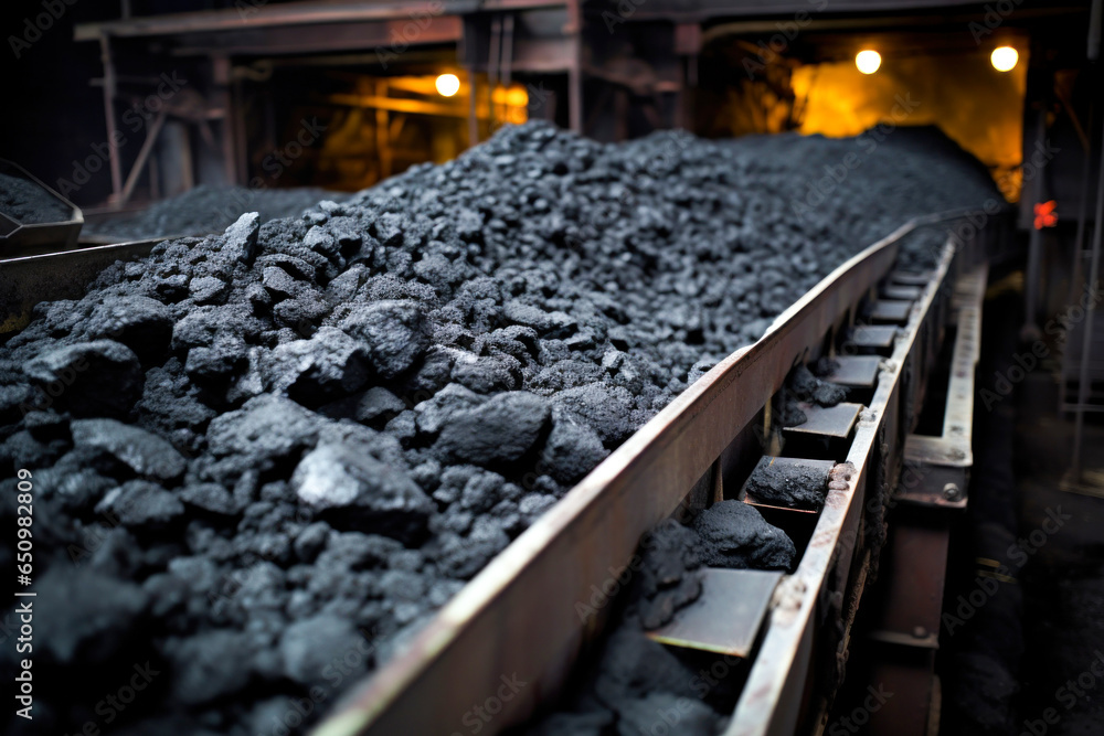 Conveyor filled with stone coal depicts the essence of underground resource excavation - obrazy, fototapety, plakaty 
