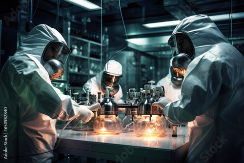 Three scientists in a chemical laboratory are conducting experim