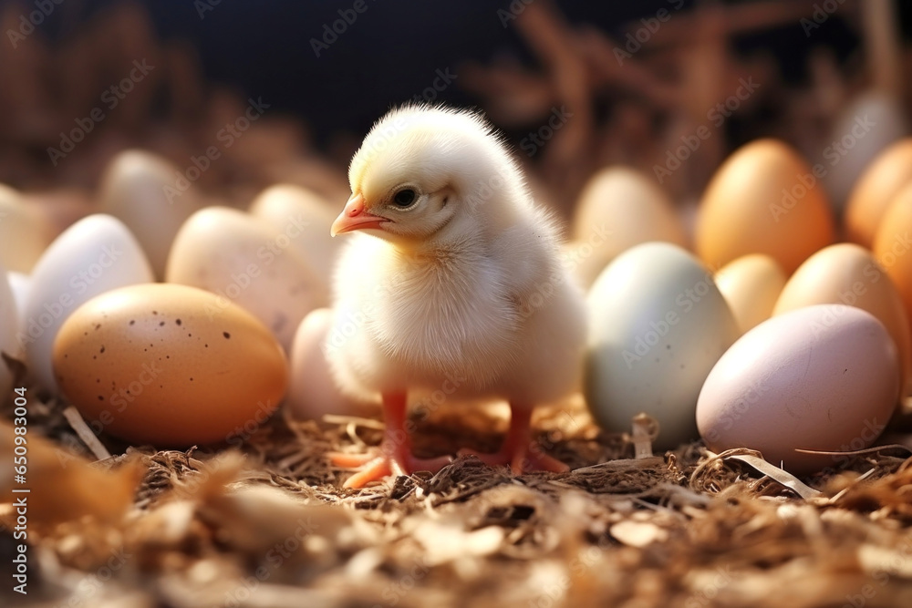 A tiny yellow chicken is standing on a straw, chicken eggs are s