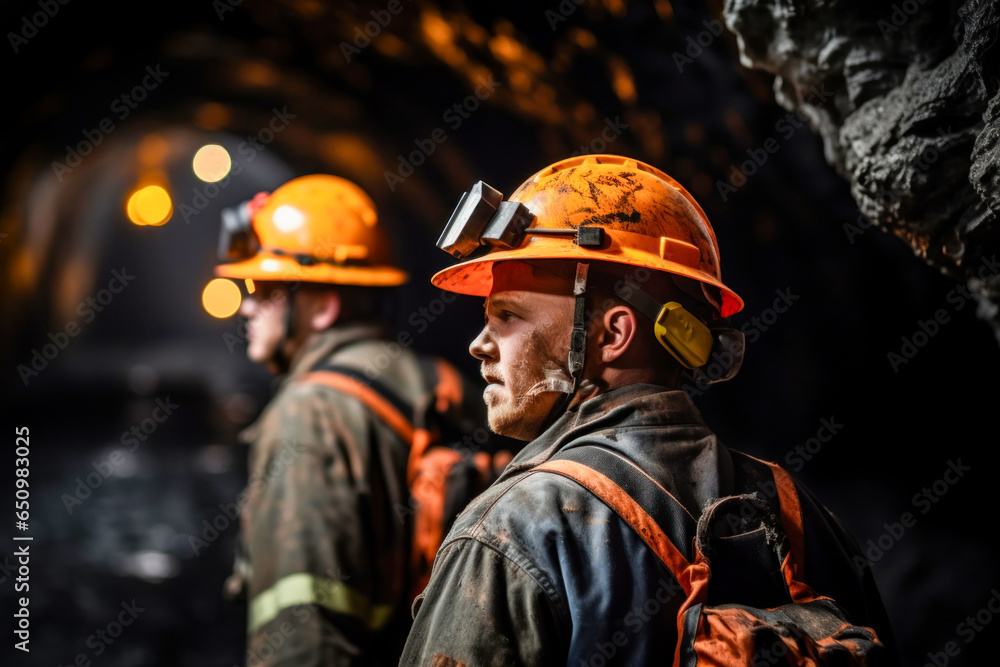 Fototapeta premium group mining workers walks through tunnel coal mine