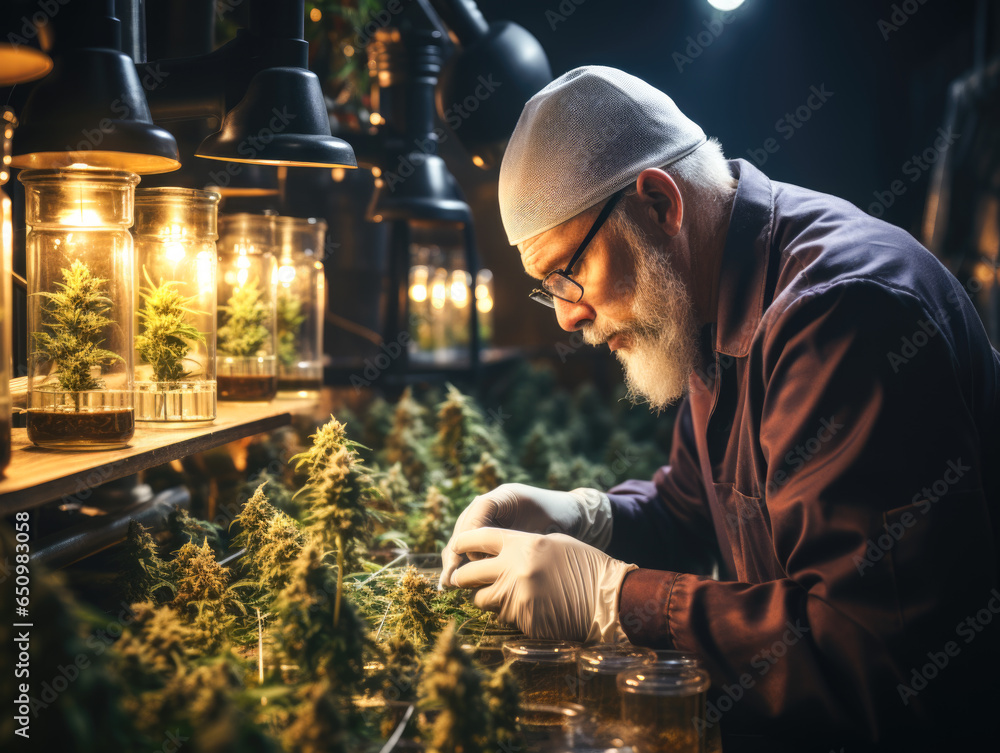 In a curative indoor cannabis farm, a closeup shot captures the flourishing cannabis plant. Meanwhile, a scientist conducts cannabis research by inspecting CBD - obrazy, fototapety, plakaty 