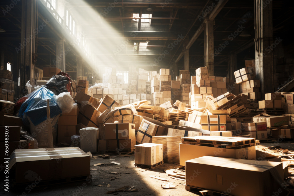 Photo of a warehouse filled with boxes and crates - obrazy, fototapety, plakaty 