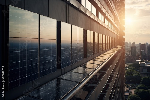 Innovative solar panels integrated into the windows of a high-rise building, converting sunlight into electricity 