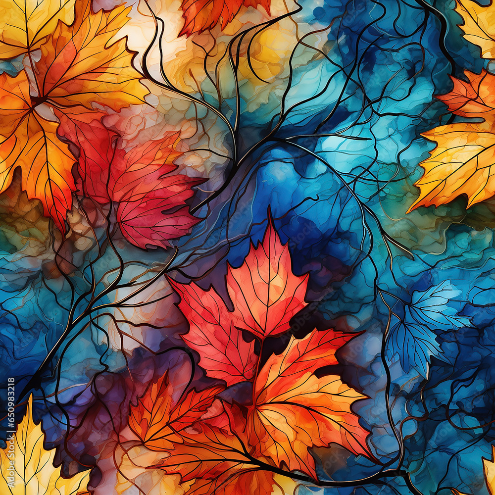 Seamless floral wallpaper with fall leaves in bright colors.