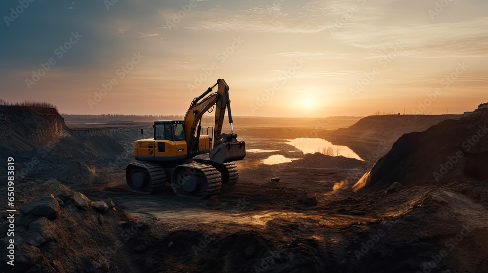 Obraz premium Bathed in the warm hues of the setting sun, an excavator in action at a coal open pit epitomizes the union of recycling and the coal mining industry, showcasing