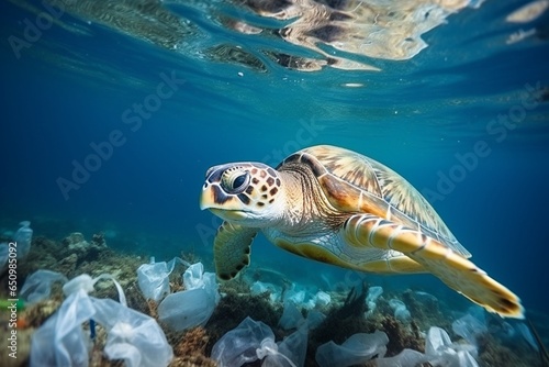 Green sea turtle on the seabed with plastic bags and blue water.