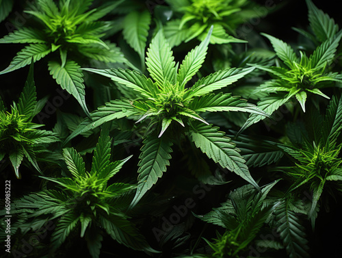 An overhead view reveals a green background of growing cannabis indica, with prominent marijuana leaves and vegetation plants, illustrating the cultivation of cannabis, particularly for CBD.