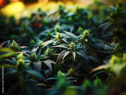 In a top view, lush green leaves dominate the background of a cannabis indica cultivation, featuring marijuana vegetation plants and emphasizing the cultivation of hemp CBD. photo