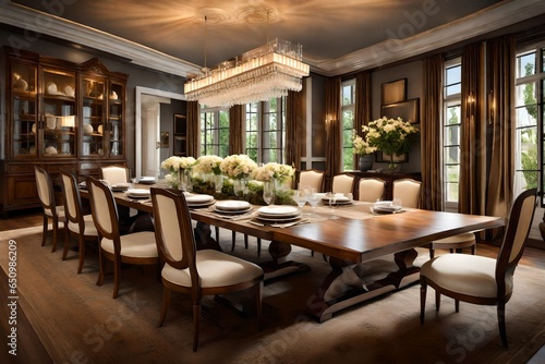 An elegant dining room with a long wooden table set for a formal dinner party. © AQ Arts