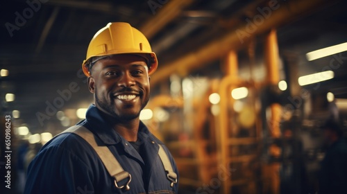 Determined Black professional in the heavy industry sector, proudly wearing a protective uniform and hard hat, stands against the vast expanse of an industrial facility.