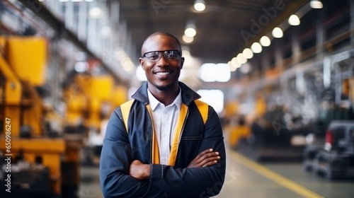 Determined Black professional in the heavy industry sector, proudly wearing a protective uniform and hard hat, stands against the vast expanse of an industrial facility.