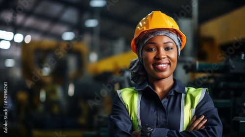 Radiant Black professional in heavy industry, confidently donning a protective uniform and hard hat, stands against the expansive backdrop of an industrial facility.
