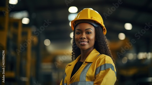 Radiant Black professional in heavy industry, confidently donning a protective uniform and hard hat, stands against the expansive backdrop of an industrial facility.