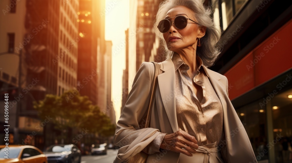 Portrait of a graceful smiling elder Asian woman in a traditional yet elegant attire, strolling on a city street, embodying decades of cultural wisdom and business. Blurry crowded street background.AI