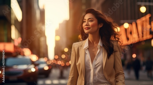 Elegant mature Asian woman confidently walks in the city, attire and demeanor exuding seasoned wisdom and grace. Generative AI. © StockWorld