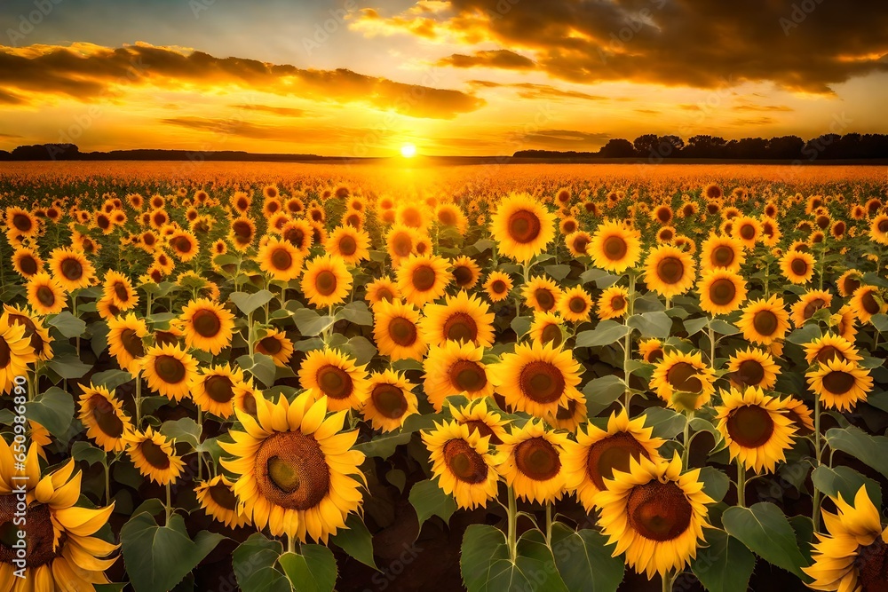 A field of sunflowers stretching towards the horizon under a golden sunset.