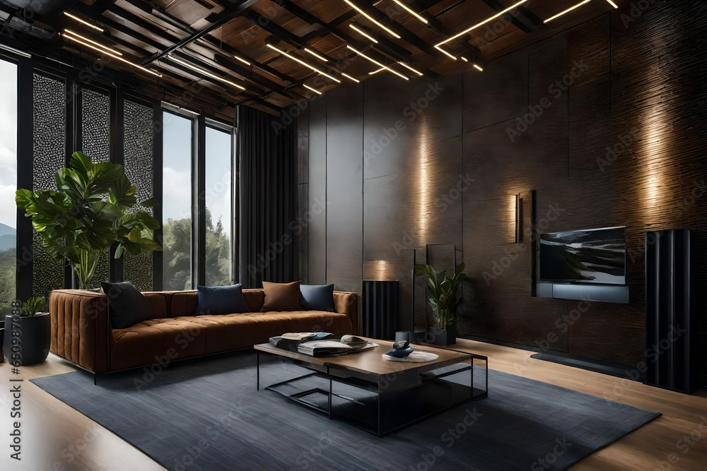 Fototapeta premium Illustrate the use of accent walls and textured surfaces to create visual interest.