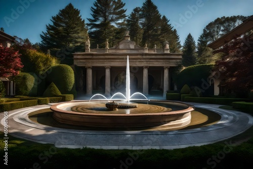 Paint a picture of the motorcourt with a decorative fountain at its center.