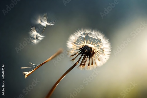A solitary dandelion seed  caught in a ray of sunlight as it floats in the air.