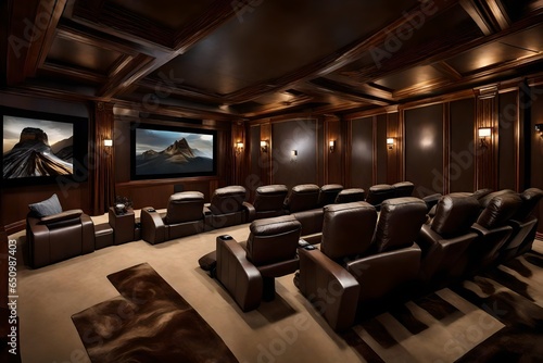 A high-tech home theater with a giant screen and reclining leather seats.