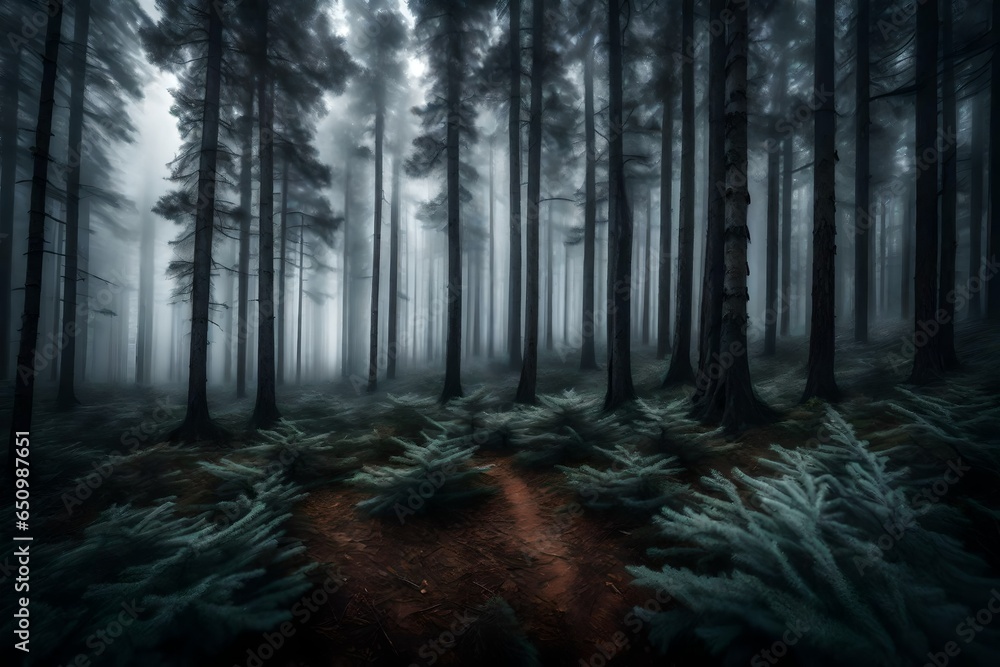 A dense fog rolling through a dense pine forest, creating an eerie atmosphere.