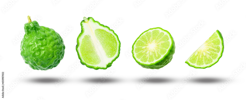 Flying fresh bergamot with slices collection isolated on white background. Flying fresh bergamot with slices collection isolated on white background.